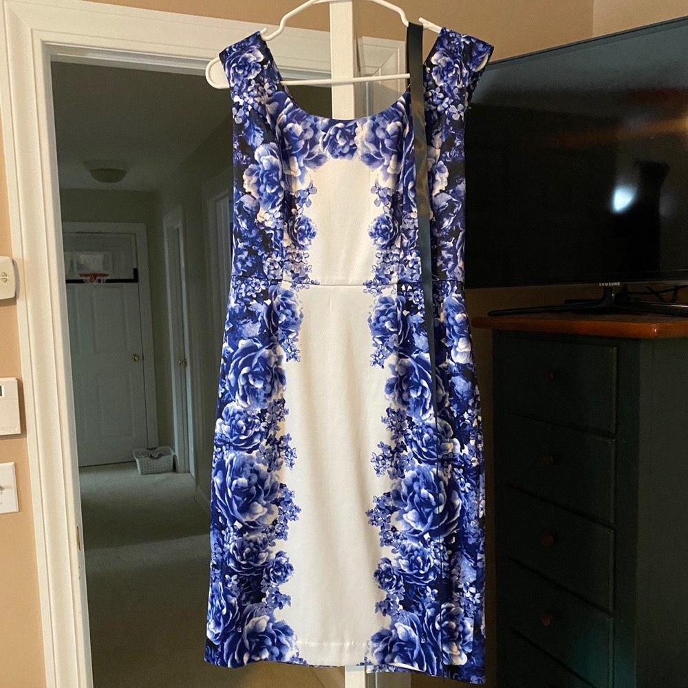 Blue and white floral dress with black satin belt!